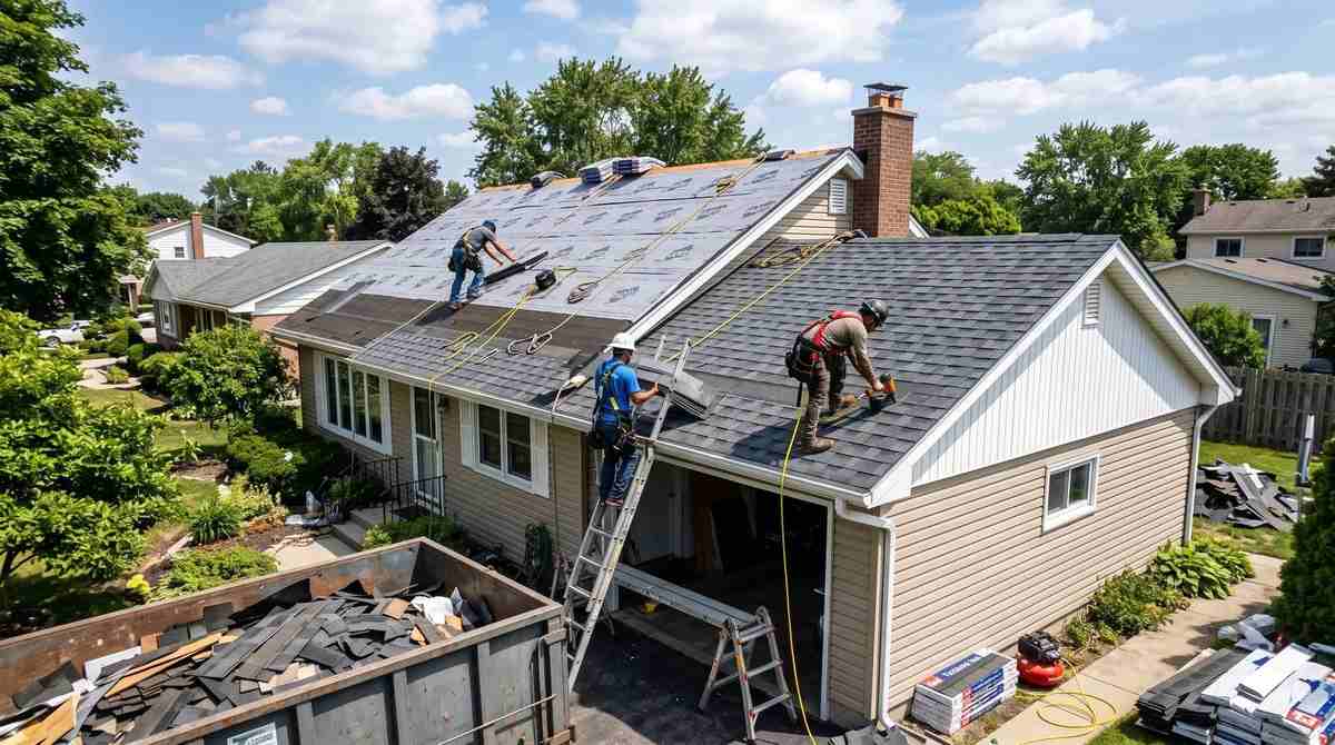 Crew installing a new asphalt shingle roof during a full replacement