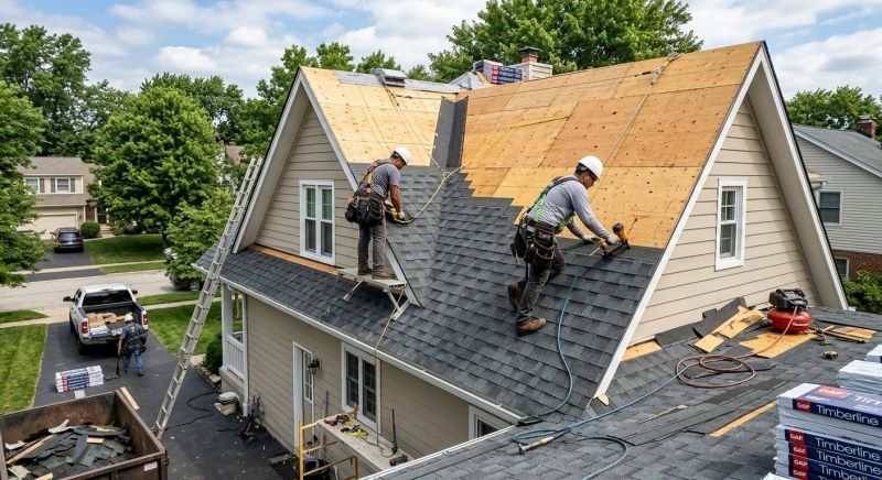 Crew installing asphalt shingles on a residential roof
