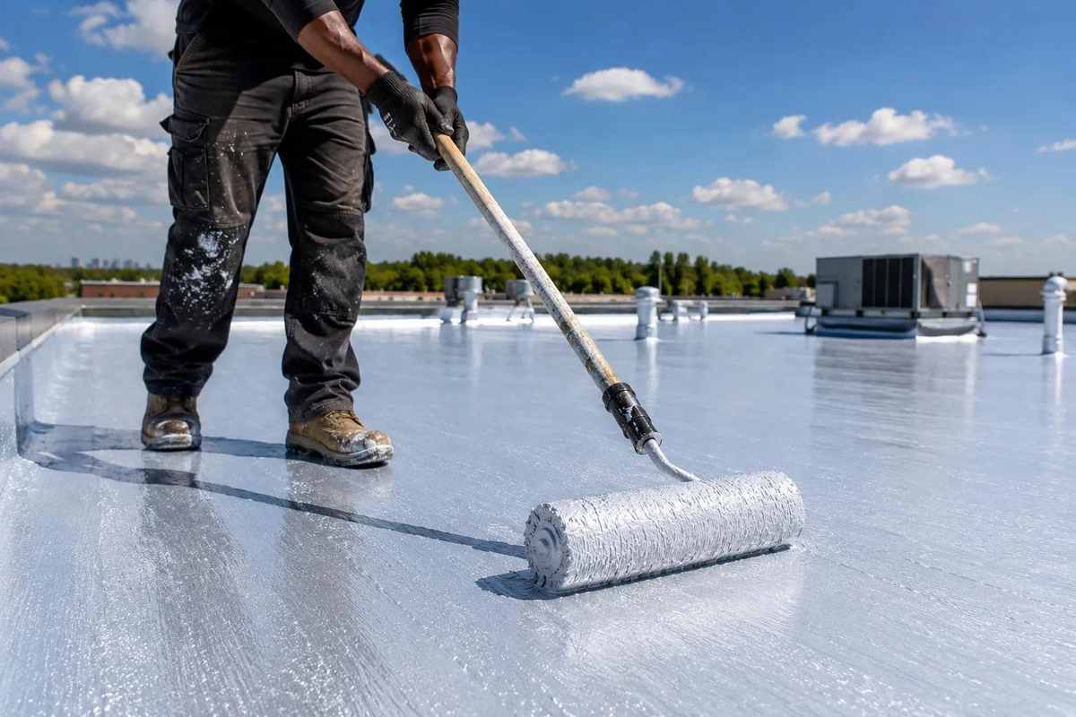 Worker rolling silicone coating onto a flat roof