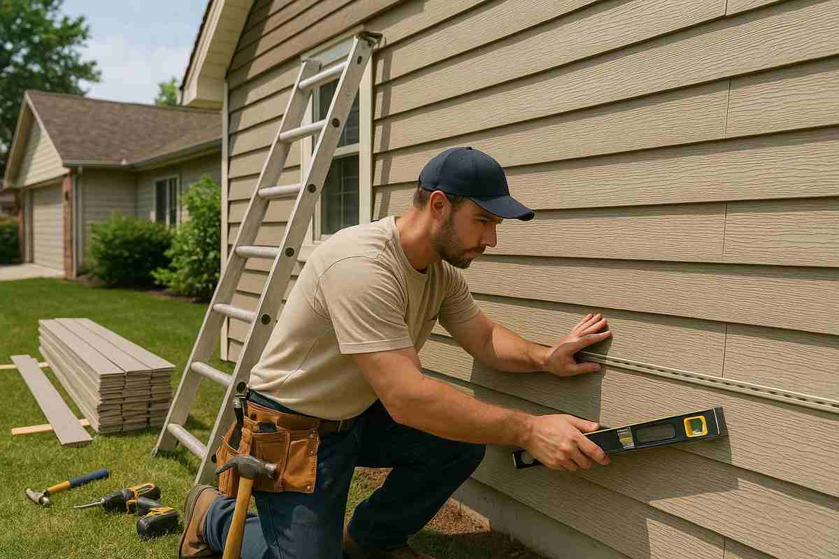 Contractor installing house siding with a level