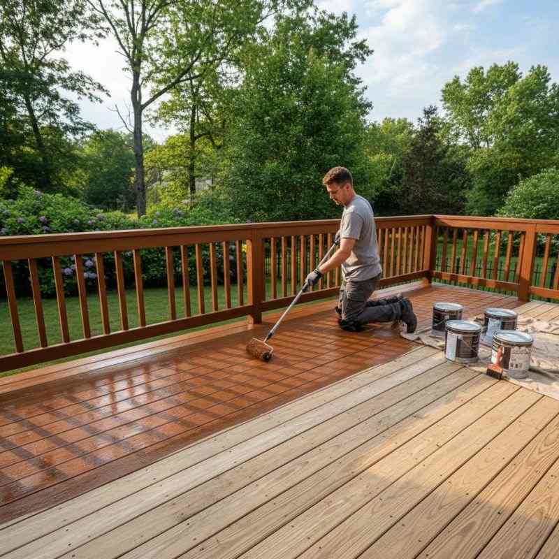 Worker staining a wooden deck